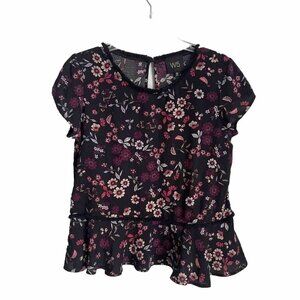 W5 Multicolor Floral Peplum Fringed Short Sleeve Top Blouse Women's